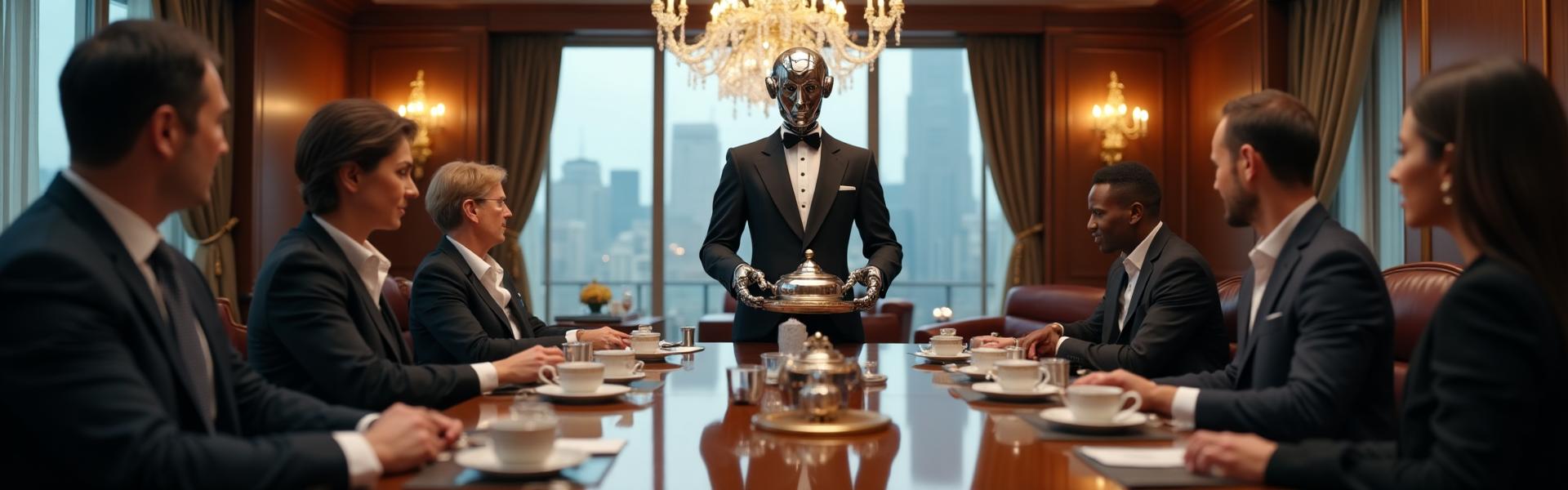 Ultra realistic elegant robot butler in suit serving premium tea to diverse business leaders in luxury corporate boardroom with city skyline view