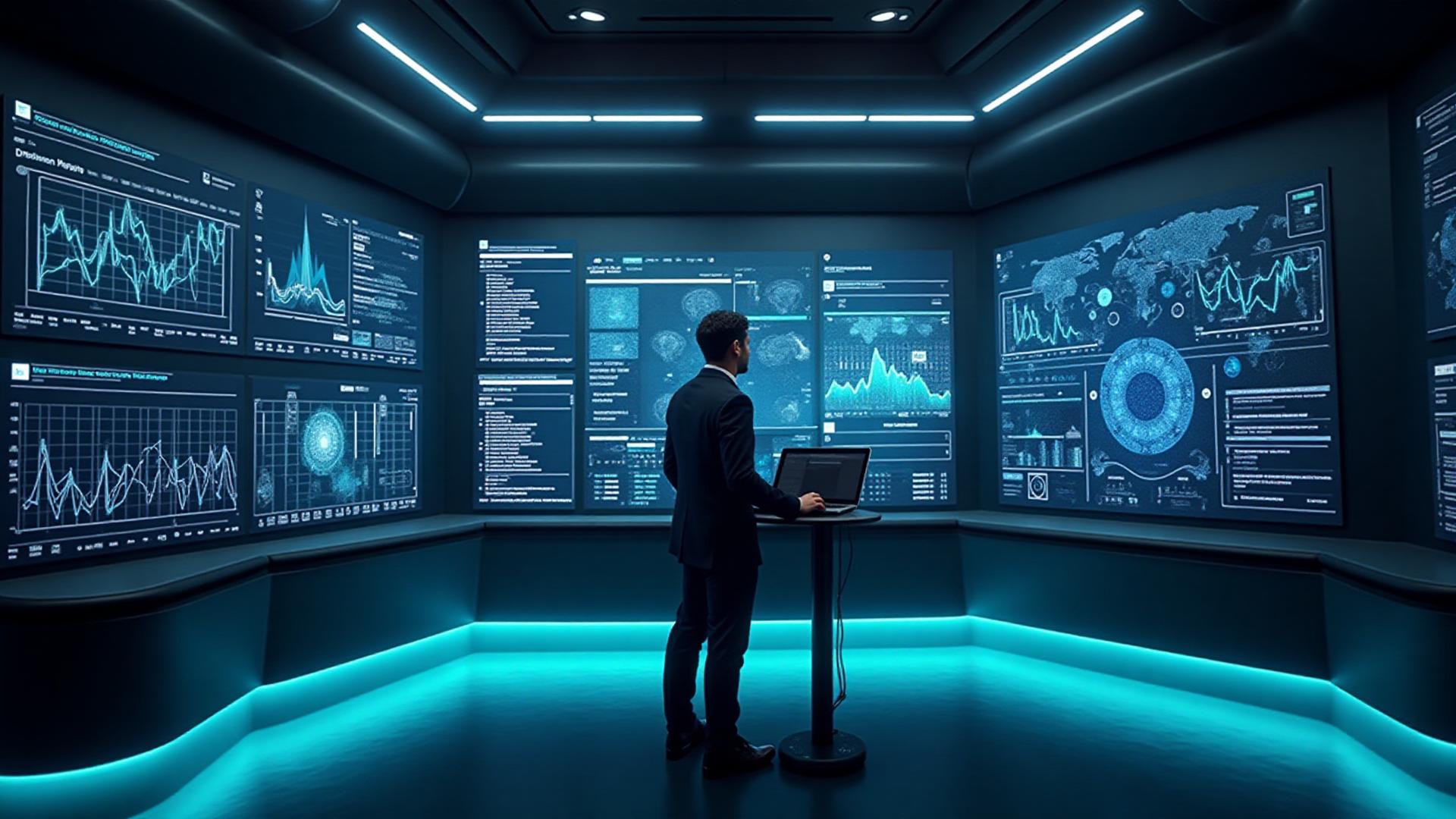 Advanced AI command center with holographic data displays